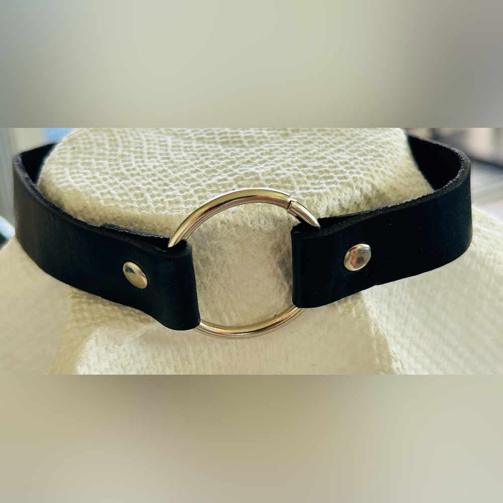 Black Collar Silver Ring Necklace Bondage Gothic Adjustable 15”